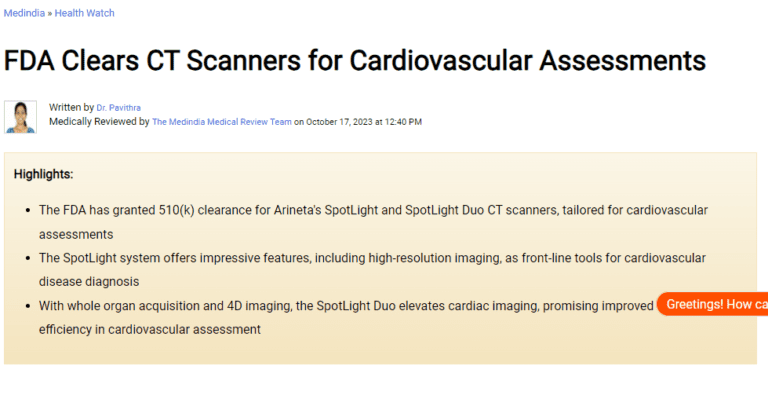 FDA Clears CT Scanners for Cardiovascular Assessments - Med India - Arineta